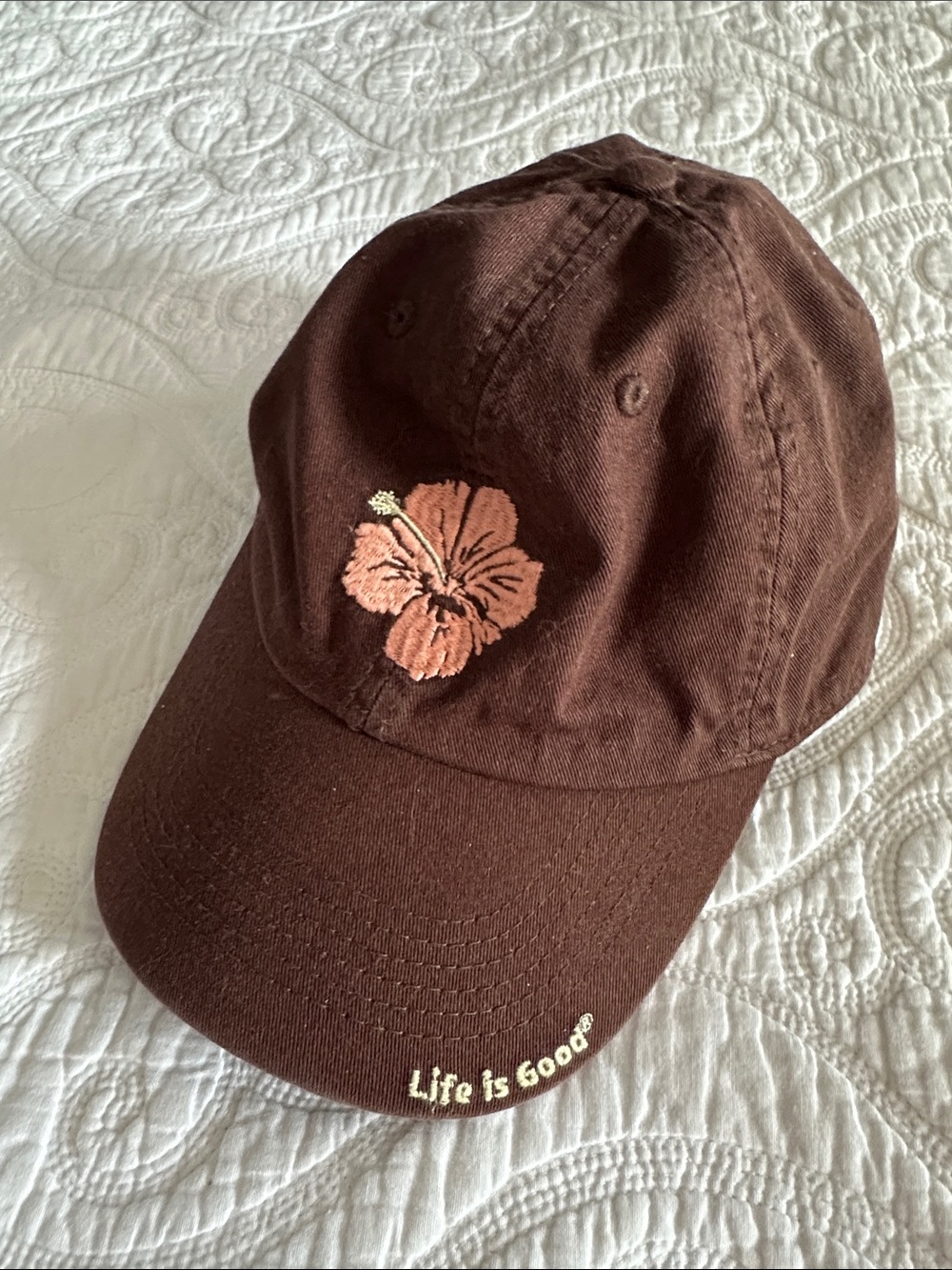 Life Is Good Brown Women’s Baseball Cap with Pink Hibiscus